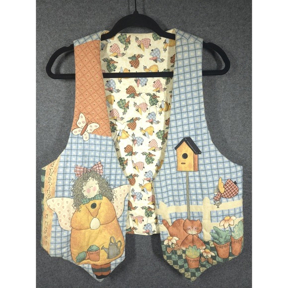 Jackets & Blazers - VTG 90s Quilted Reversible Vest Gardening Angel Cat Herb Garden Folk Art L